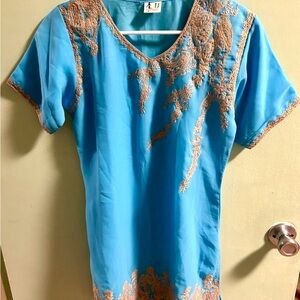 Vintage Sajawat Blue Chiffon Tunic Dress with Gold Embroidery
